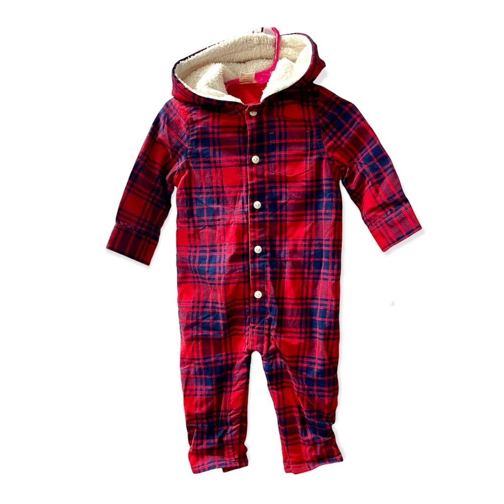 OshKosh B’gosh 12 Mos Plaid Button Up Front Long Sleeve Jumpsuit One Piece $44